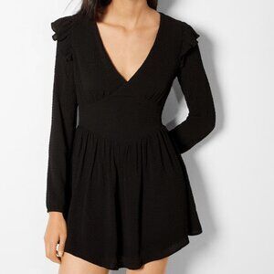 Bershka Black Long Sleeve Mini Dress – Deep V-Neckline, Ruffle Shoulder Detail